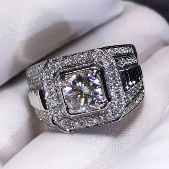 🎁 Fever Square Glitter Zircon Silver Chunky Wedding Rings for Man, PD663